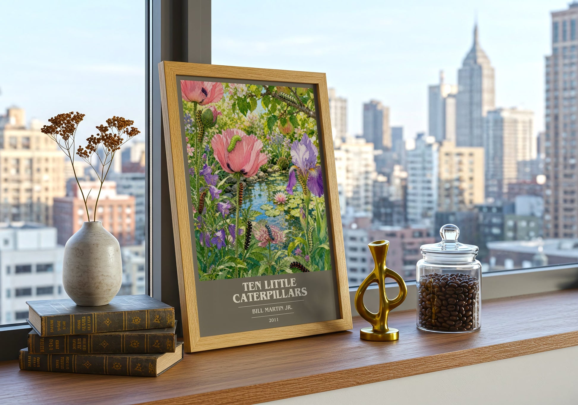 Ten Little Caterpillars book cover print framed by window – literary home decor