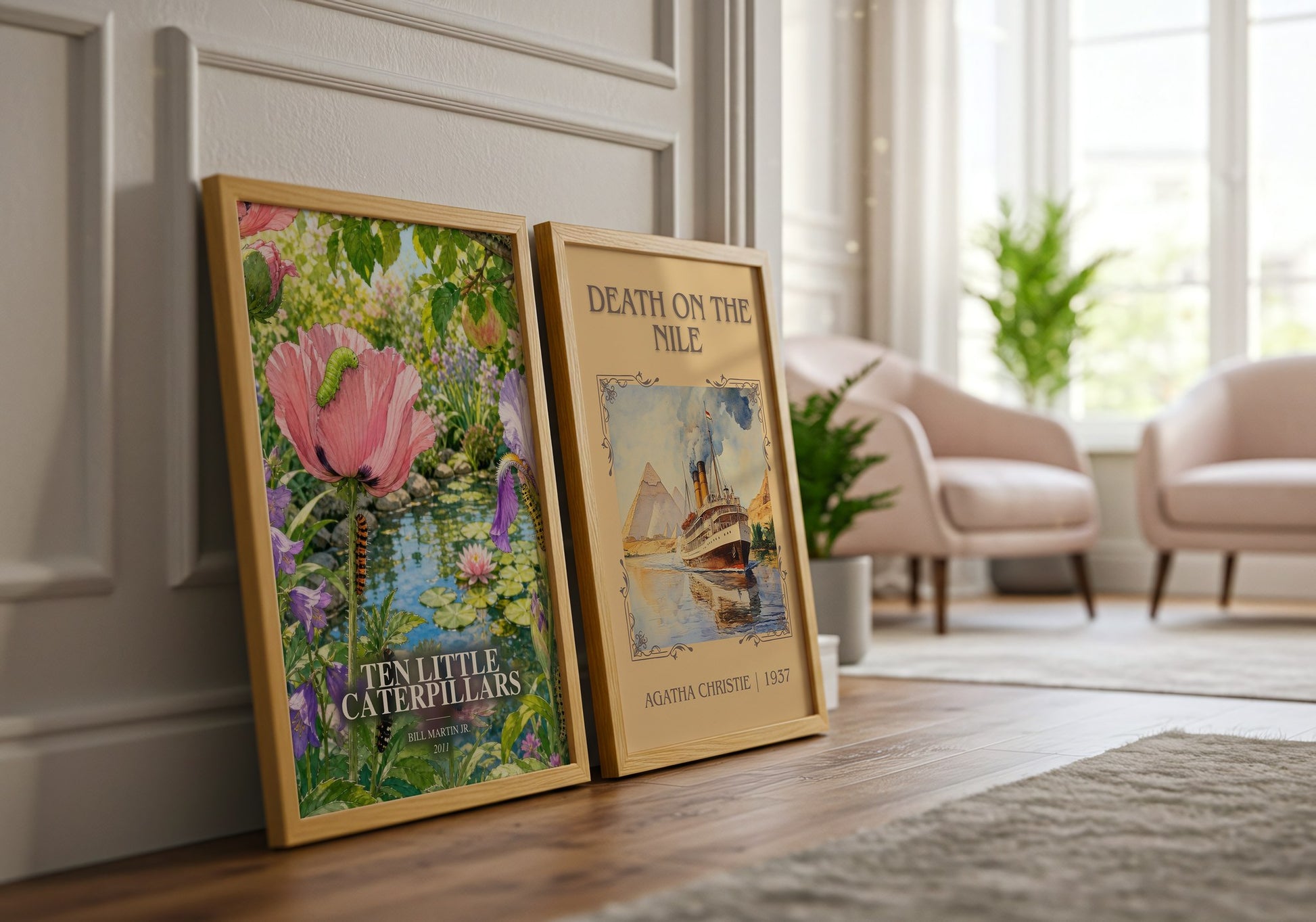 Ten Little Caterpillars watercolour print framed by window – literary home decor