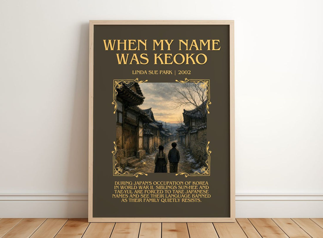 When my name was Keoko Minimalist Book Poster by Linda Sue Park – framed print leaning on a wooden floor