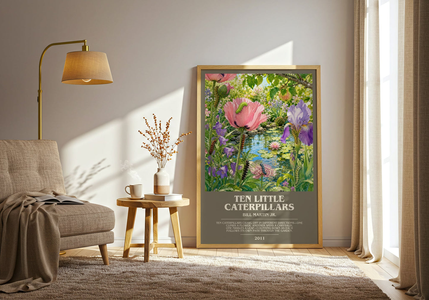 Ten Little Caterpillars bookish print on bookshelf – Bill Martin Jr. fan gift