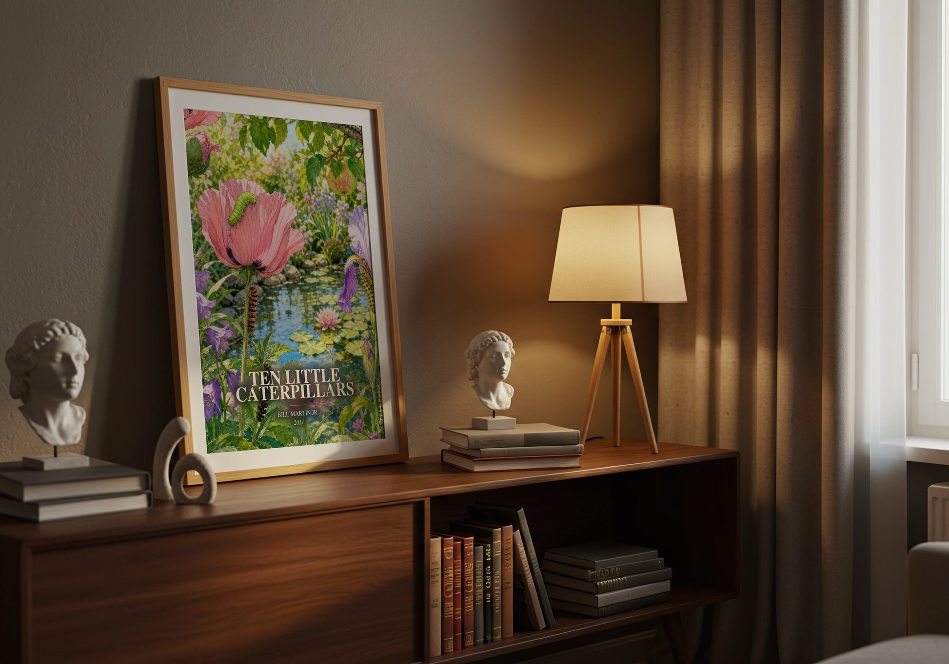 Ten Little Caterpillars watercolour print on bookshelf – Bill Martin Jr. fan gift