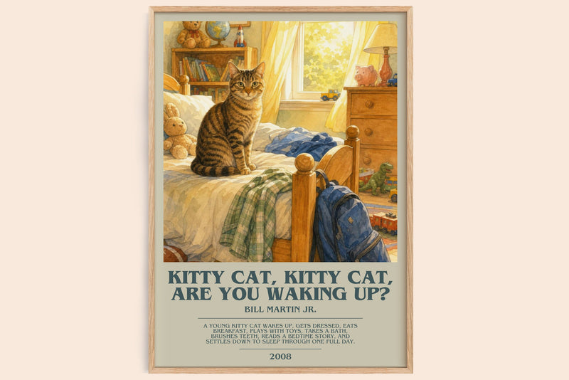 Kitty Cat, Kitty Cat, Are You Waking Up? bookish book poster by Bill Martin Jr. – framed literary art print
