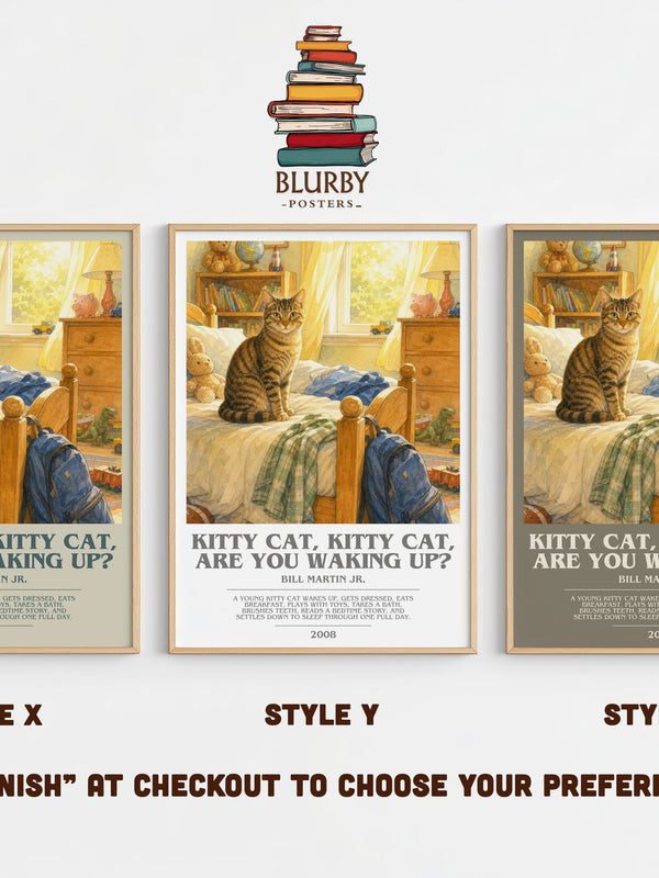 Kitty Cat, Kitty Cat, Are You Waking Up? bookish print in frame leaning in hallway – childrens wall art