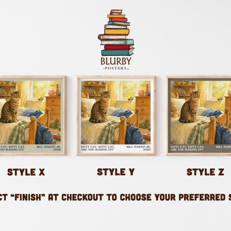 Kitty Cat, Kitty Cat, Are You Waking Up? literary print in frame leaning in hallway – childrens wall art