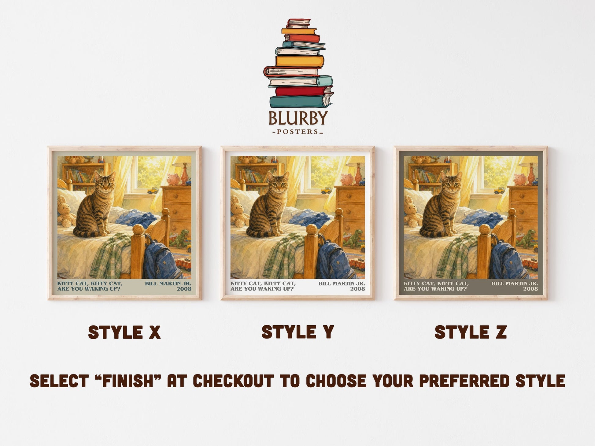 Kitty Cat, Kitty Cat, Are You Waking Up? literary print in frame leaning in hallway – childrens wall art
