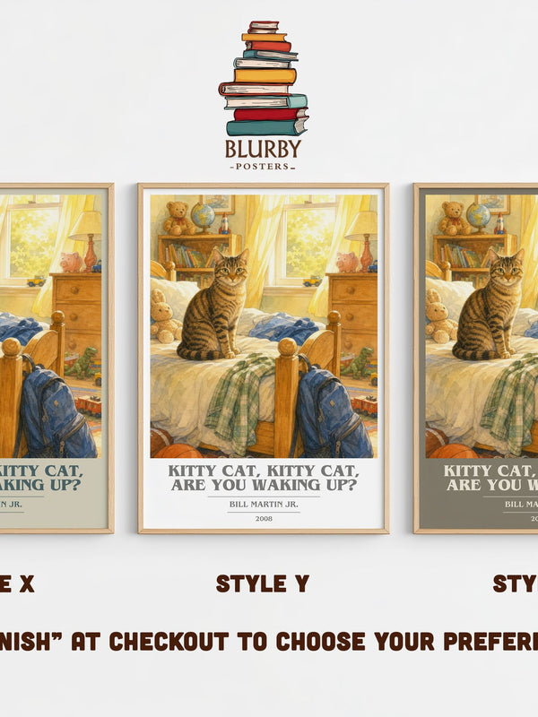 Kitty Cat, Kitty Cat, Are You Waking Up? book cover print in frame leaning in hallway – childrens wall art