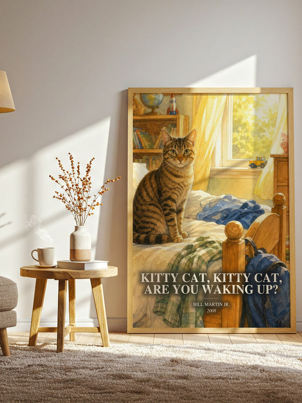 Kitty Cat, Kitty Cat, Are You Waking Up? watercolour print in frame leaning in hallway – childrens wall art