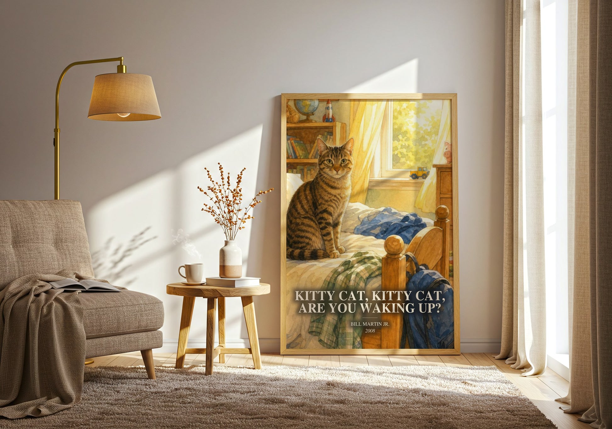 Kitty Cat, Kitty Cat, Are You Waking Up? watercolour print in frame leaning in hallway – childrens wall art