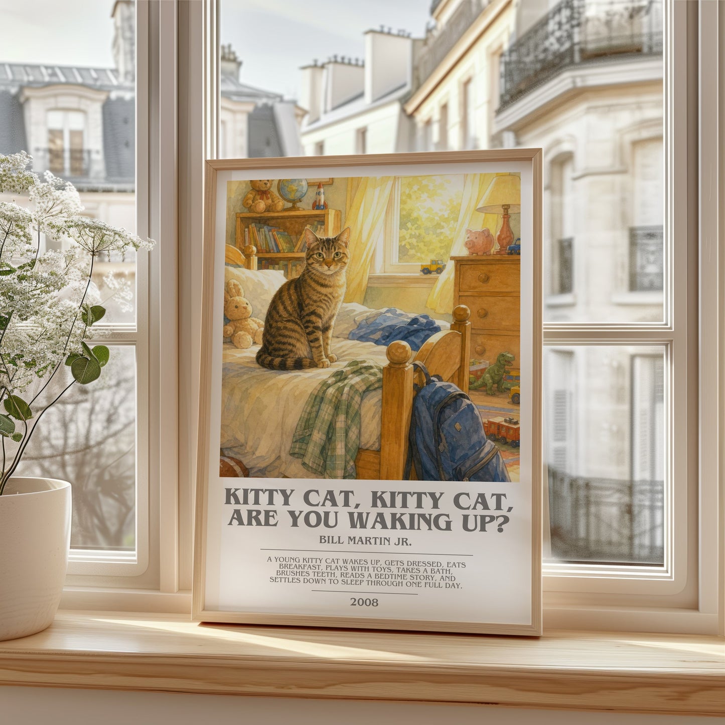 Kitty Cat, Kitty Cat, Are You Waking Up? bookish poster colour and style options – Bill Martin Jr. book art