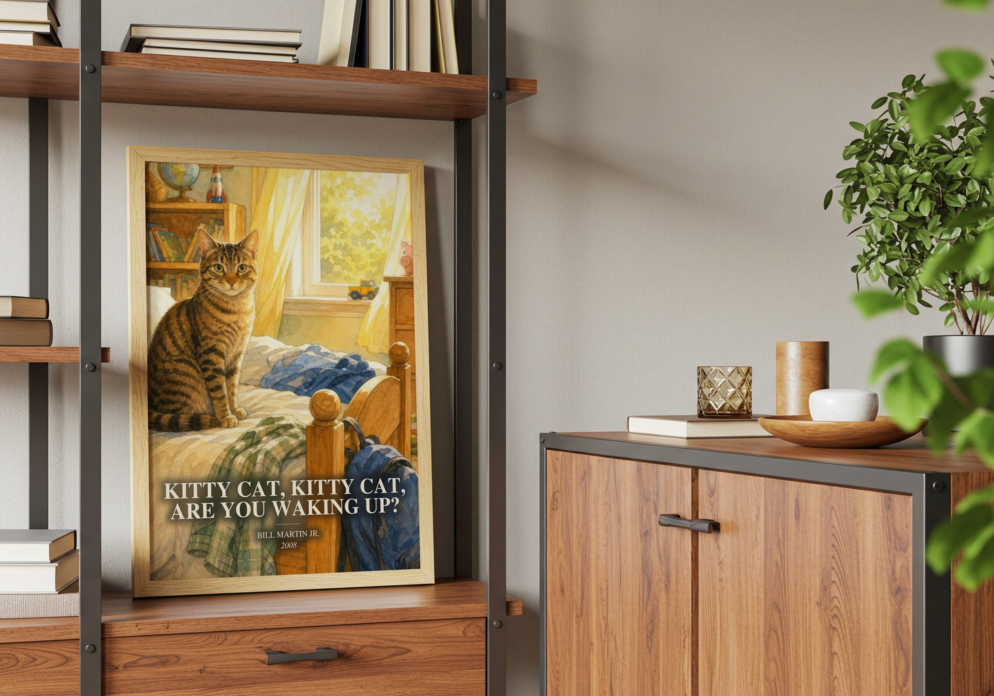 Kitty Cat, Kitty Cat, Are You Waking Up? book watercolour illustration paper finish options – matte satin gloss