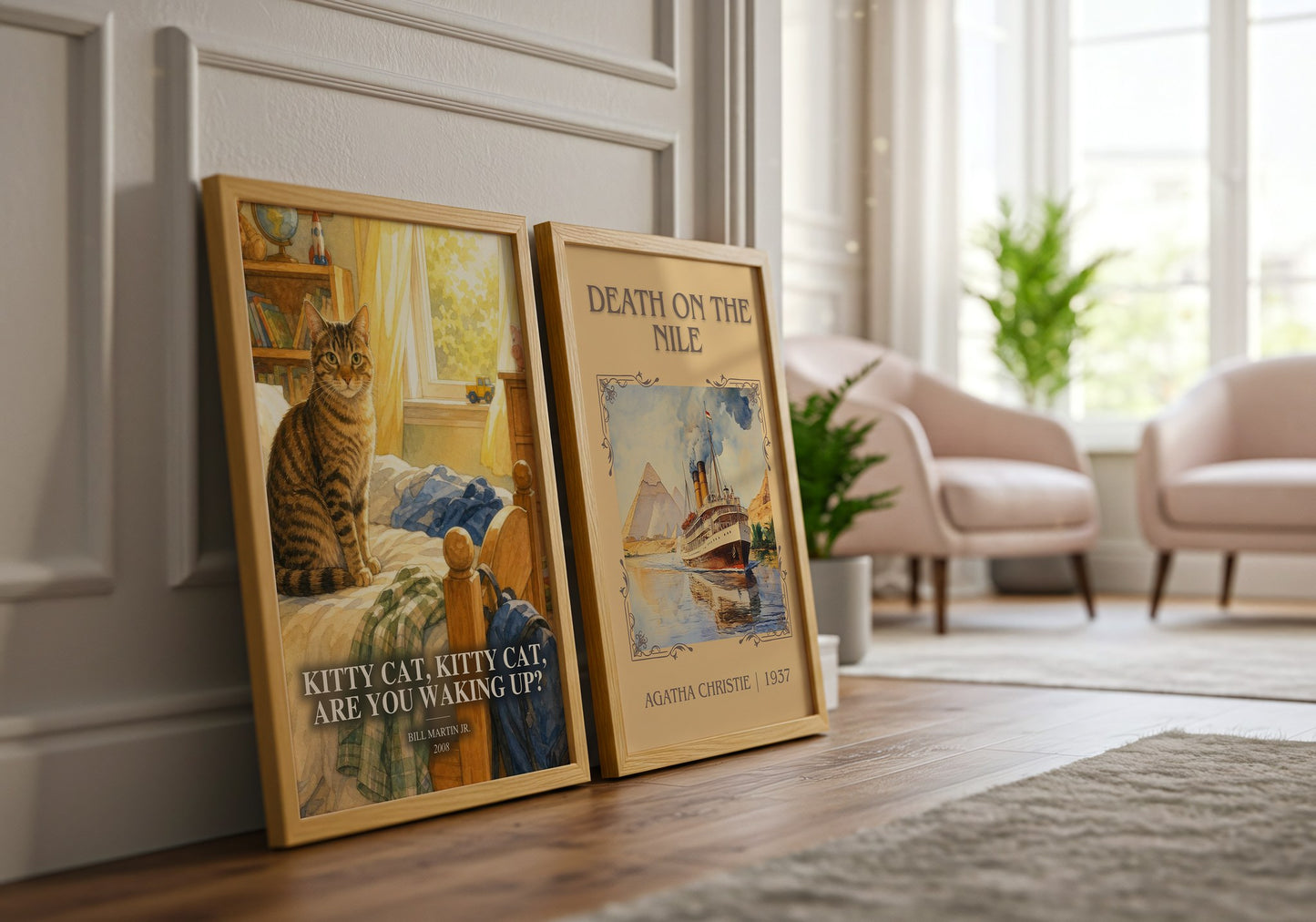 Kitty Cat, Kitty Cat, Are You Waking Up? watercolour print framed by window – literary home decor