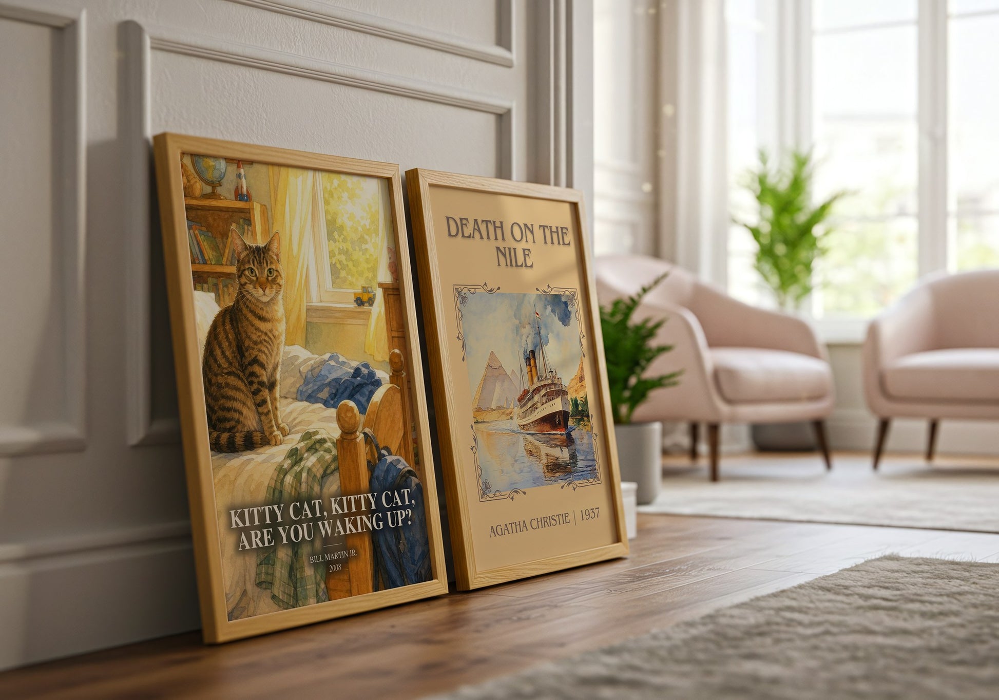 Kitty Cat, Kitty Cat, Are You Waking Up? watercolour print framed by window – literary home decor