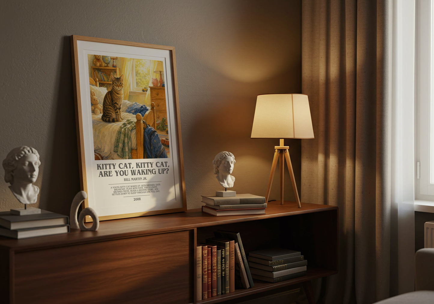 Kitty Cat, Kitty Cat, Are You Waking Up? bookish book poster framed on wall – childrens wall art