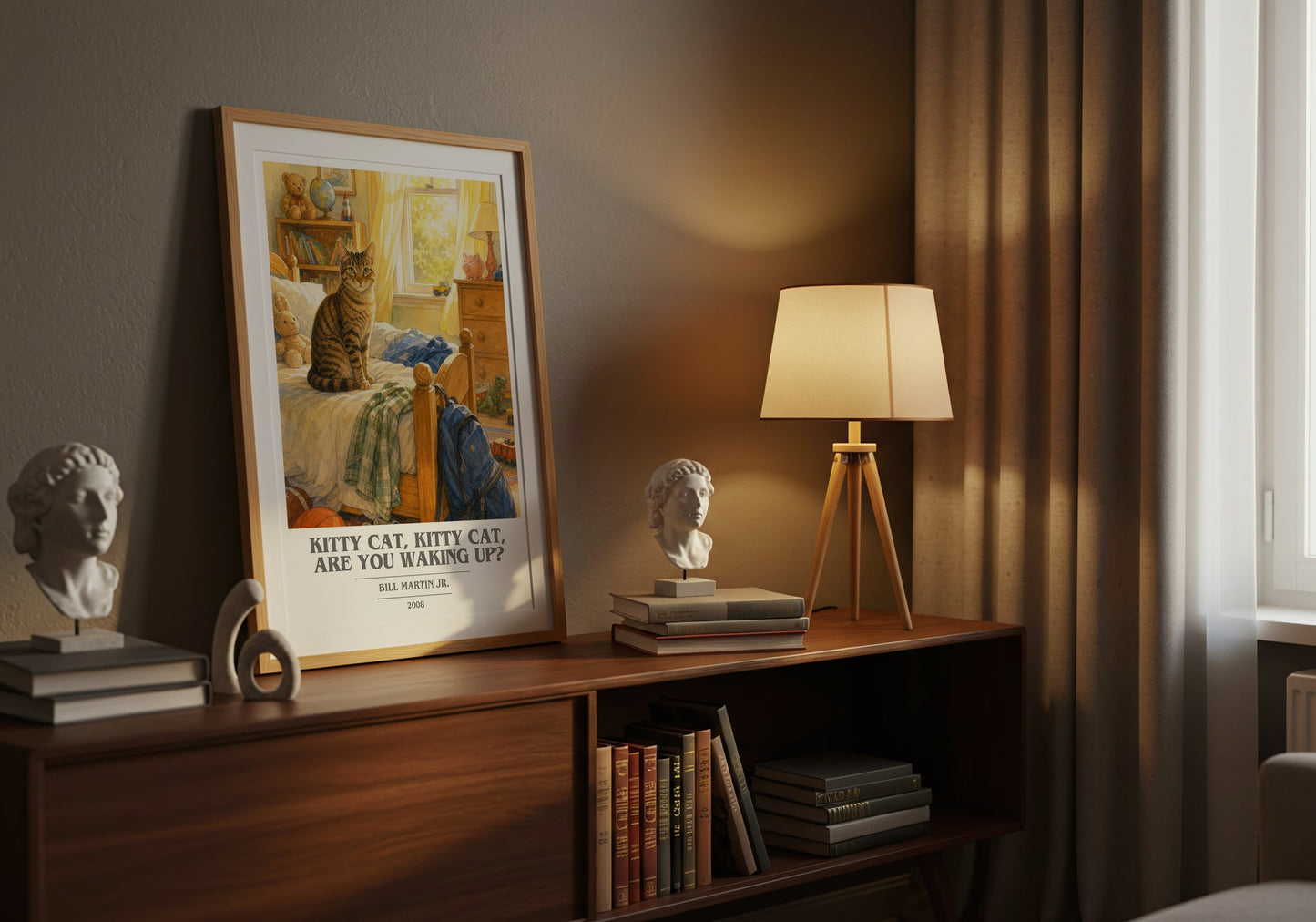 Kitty Cat, Kitty Cat, Are You Waking Up? book cover book poster framed on wall – childrens wall art
