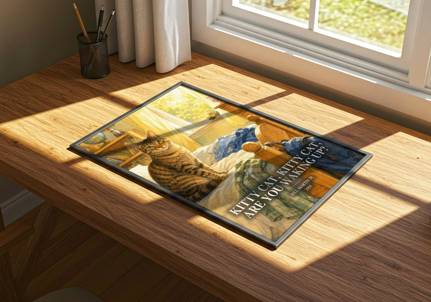 Kitty Cat, Kitty Cat, Are You Waking Up? watercolour book poster framed on wall – childrens wall art