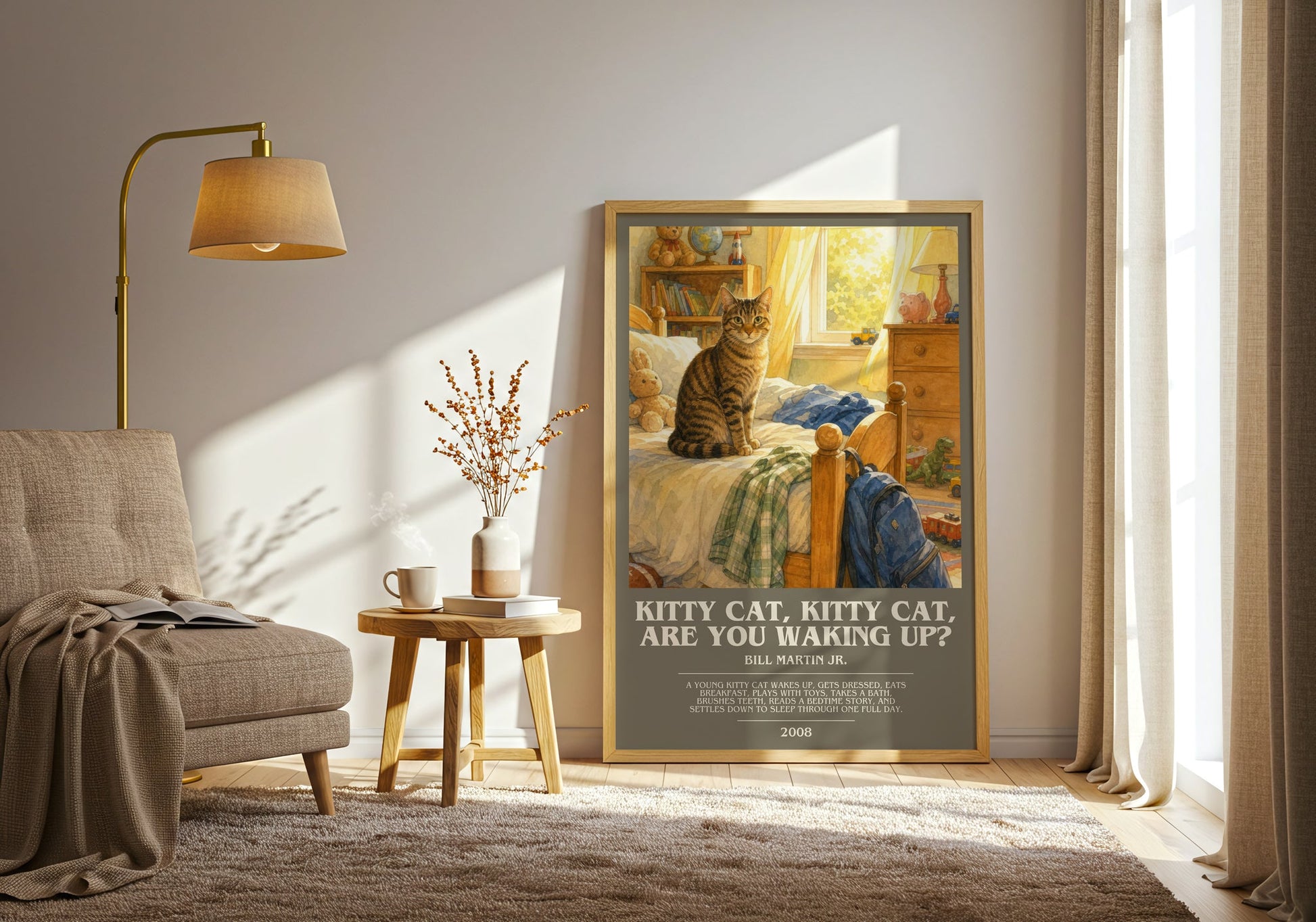 Kitty Cat, Kitty Cat, Are You Waking Up? bookish print on bookshelf – Bill Martin Jr. fan gift