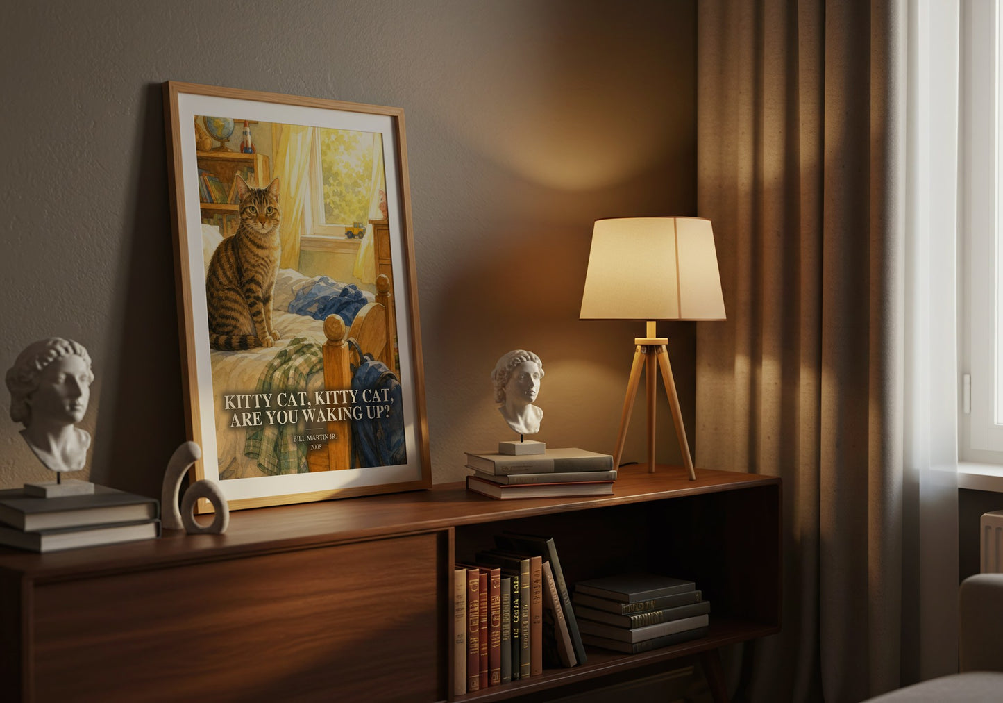 Kitty Cat, Kitty Cat, Are You Waking Up? watercolour print on bookshelf – Bill Martin Jr. fan gift