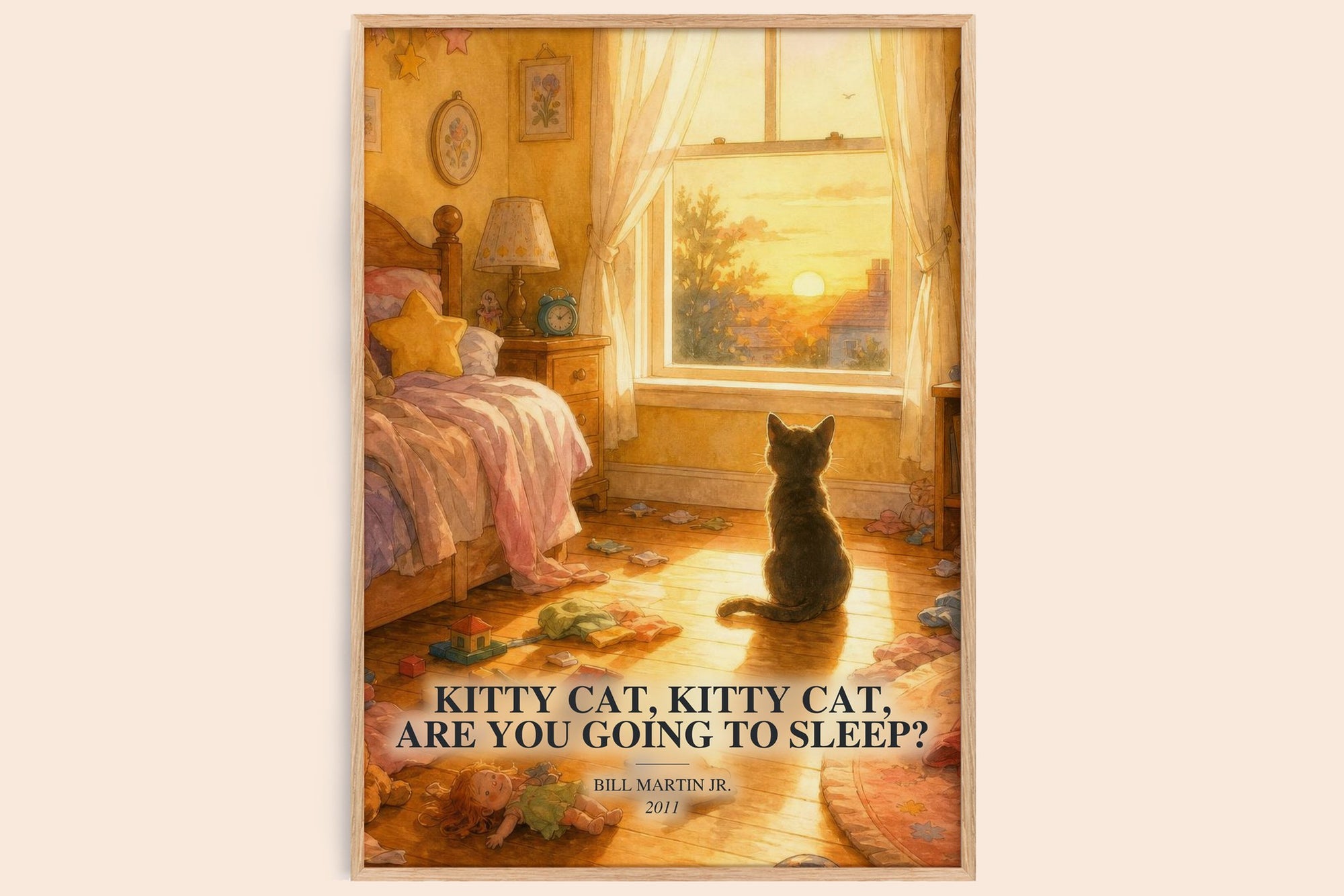 Kitty Cat, Kitty Cat, Are You Going To Sleep? watercolour book poster by Bill Martin Jr. – framed literary art print