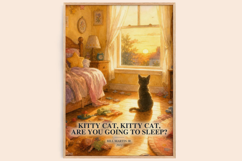 Kitty Cat, Kitty Cat, Are You Going To Sleep? watercolour book poster by Bill Martin Jr. – framed literary art print