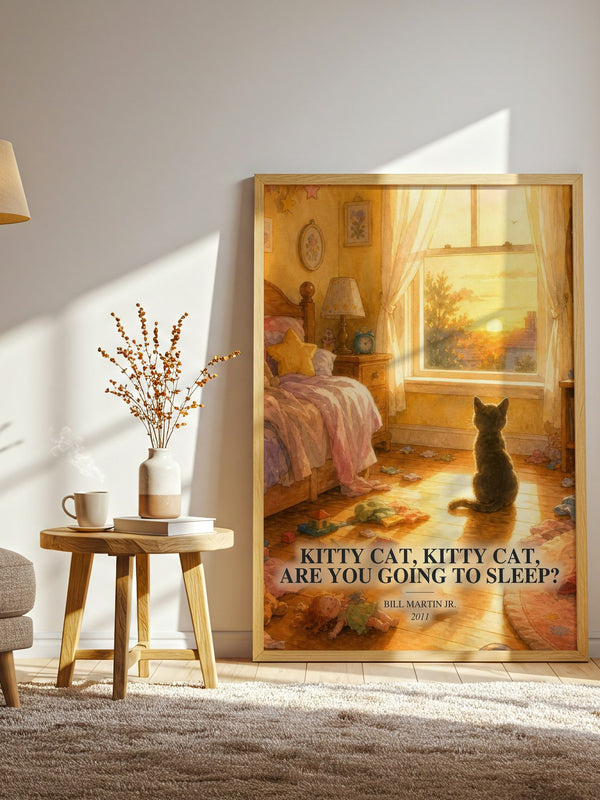 Kitty Cat, Kitty Cat, Are You Going To Sleep? watercolour print in frame leaning in hallway – childrens wall art