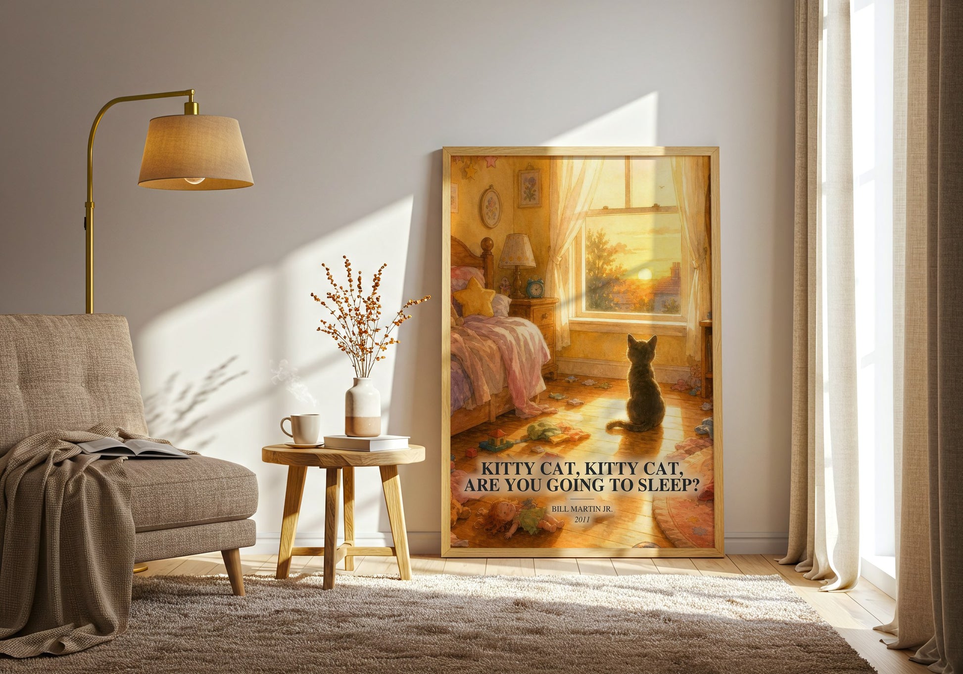 Kitty Cat, Kitty Cat, Are You Going To Sleep? watercolour print in frame leaning in hallway – childrens wall art