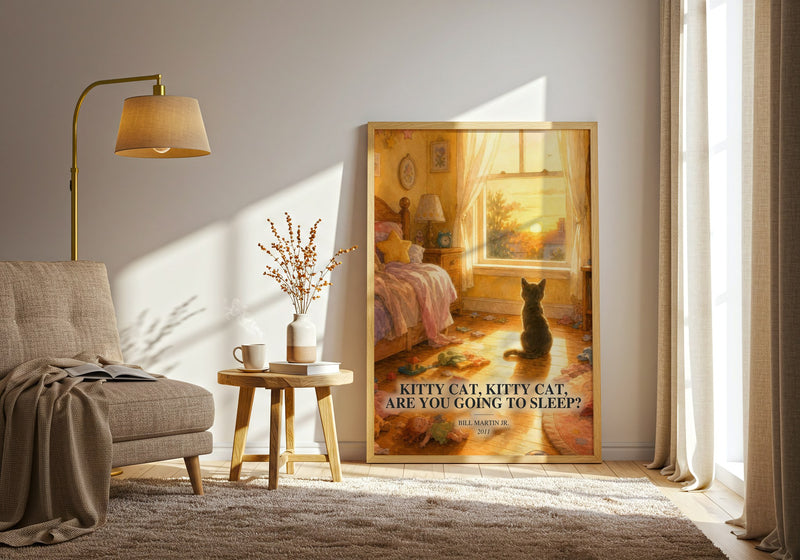 Kitty Cat, Kitty Cat, Are You Going To Sleep? watercolour print in frame leaning in hallway – childrens wall art