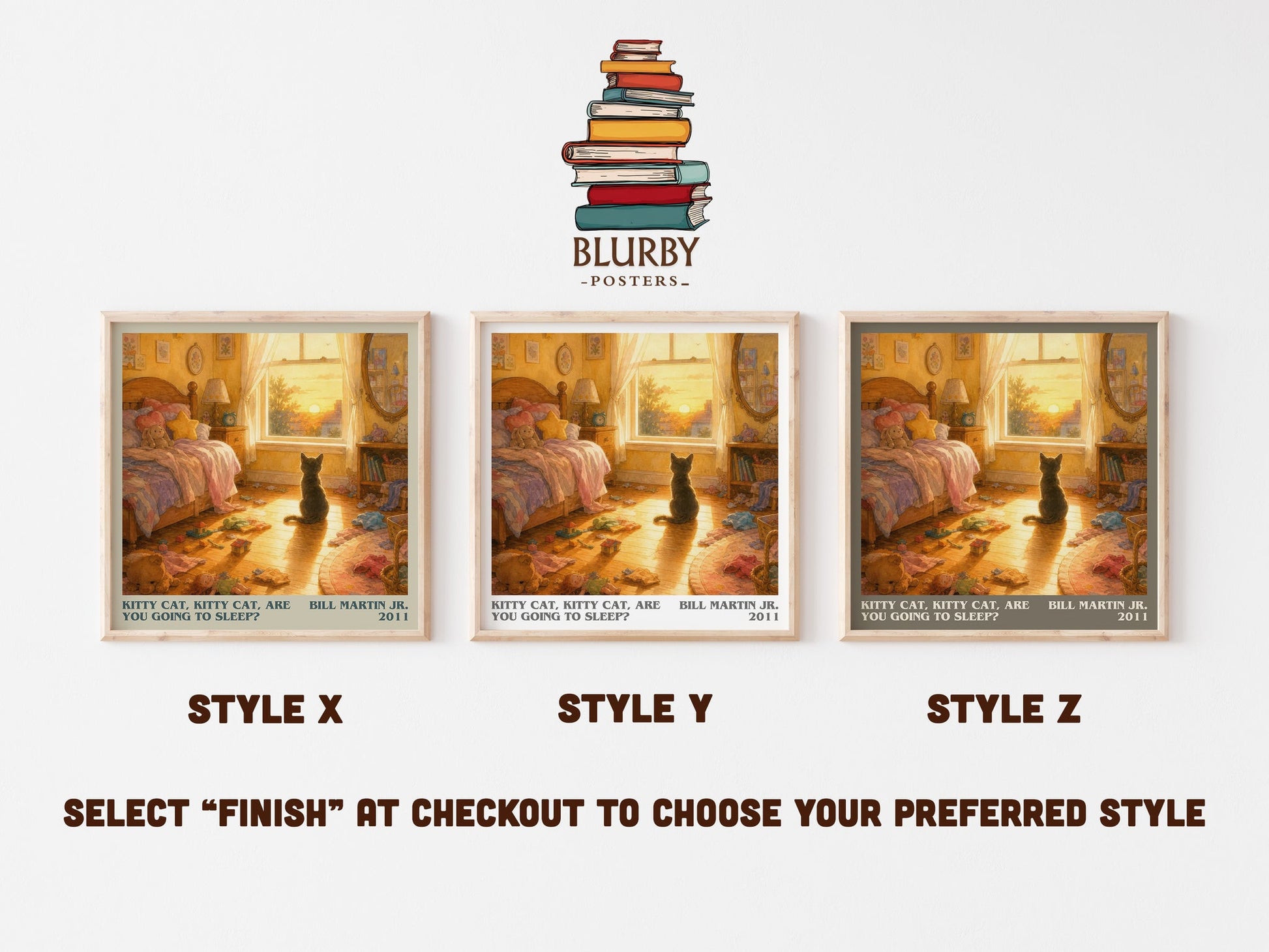 Kitty Cat, Kitty Cat, Are You Going To Sleep? literary print in frame leaning in hallway – childrens wall art