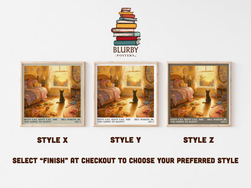 Kitty Cat, Kitty Cat, Are You Going To Sleep? literary print in frame leaning in hallway – childrens wall art