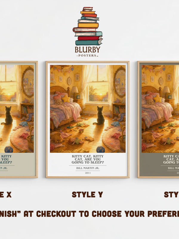 Kitty Cat, Kitty Cat, Are You Going To Sleep? book cover print in frame leaning in hallway – childrens wall art