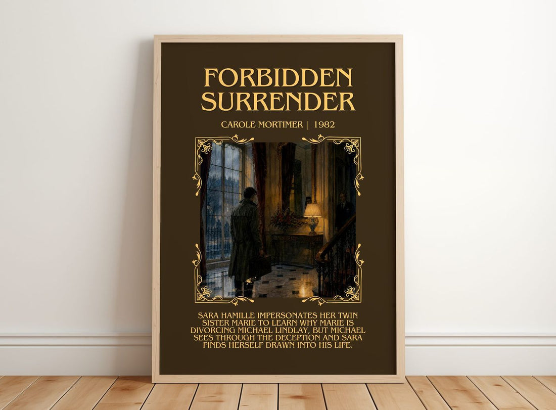 Forbidden Surrender Minimalist Book Poster by Carole Mortimer – framed print leaning on a wooden floor