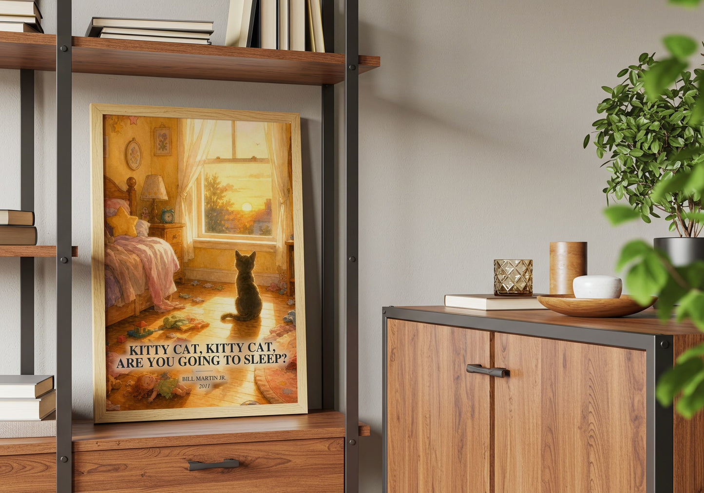 Kitty Cat, Kitty Cat, Are You Going To Sleep? book watercolour illustration paper finish options – matte satin gloss