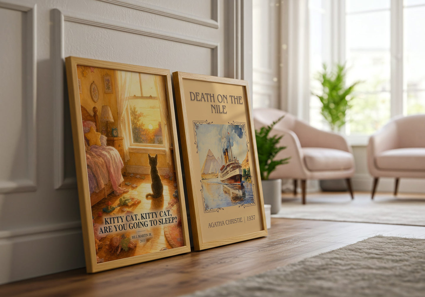 Kitty Cat, Kitty Cat, Are You Going To Sleep? watercolour print framed by window – literary home decor