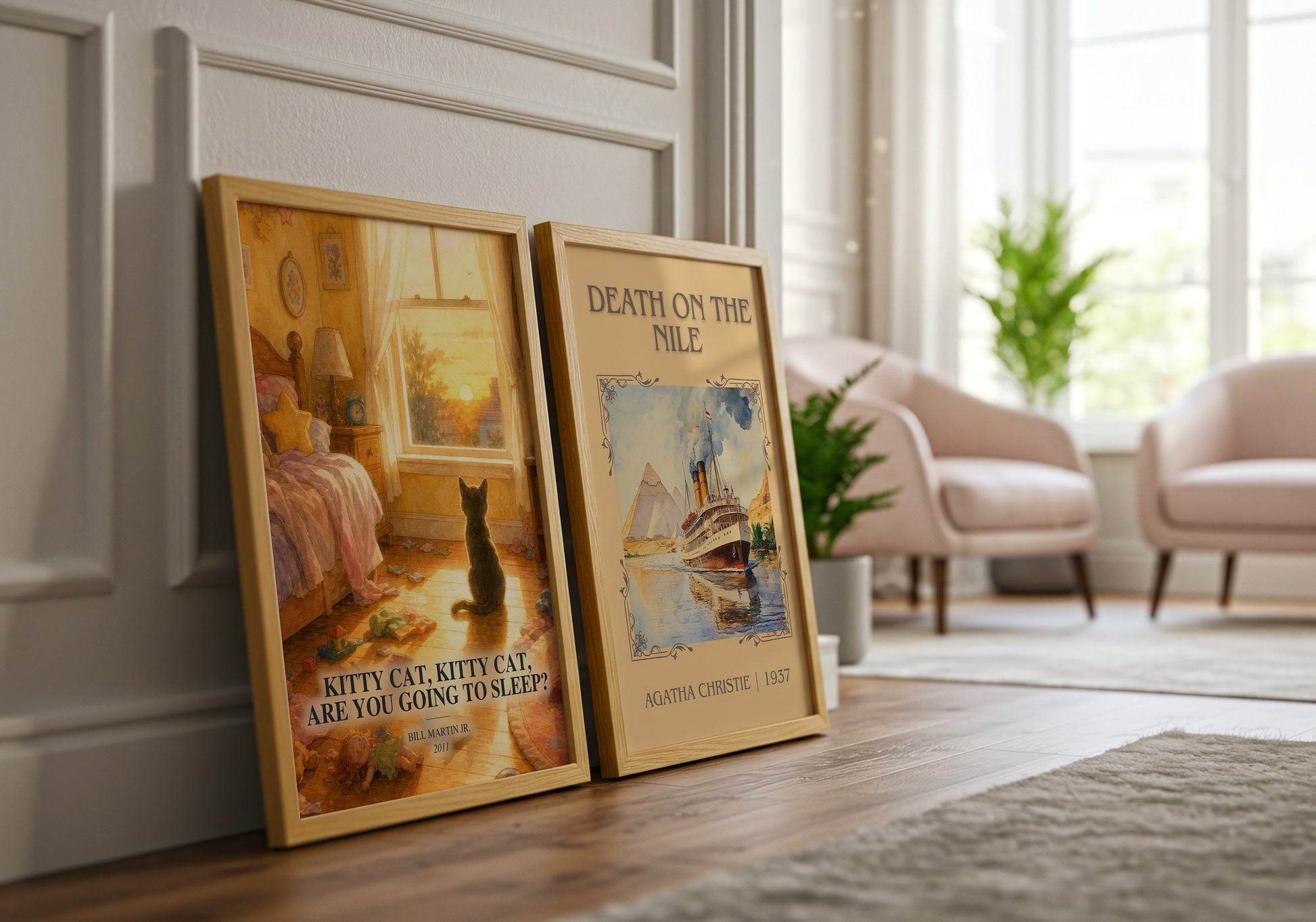 Kitty Cat, Kitty Cat, Are You Going To Sleep? watercolour print framed by window – literary home decor