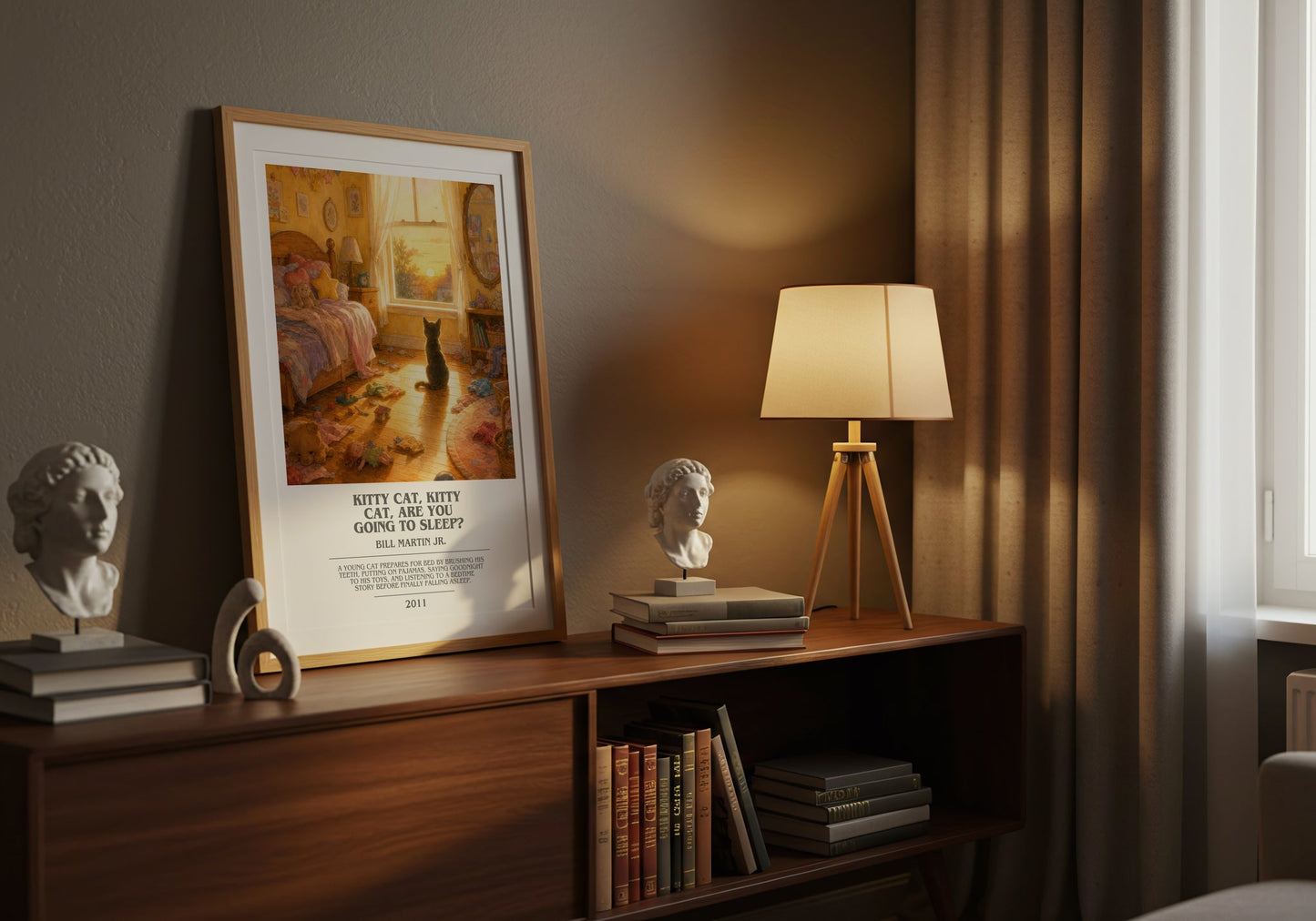 Kitty Cat, Kitty Cat, Are You Going To Sleep? bookish book poster framed on wall – childrens wall art