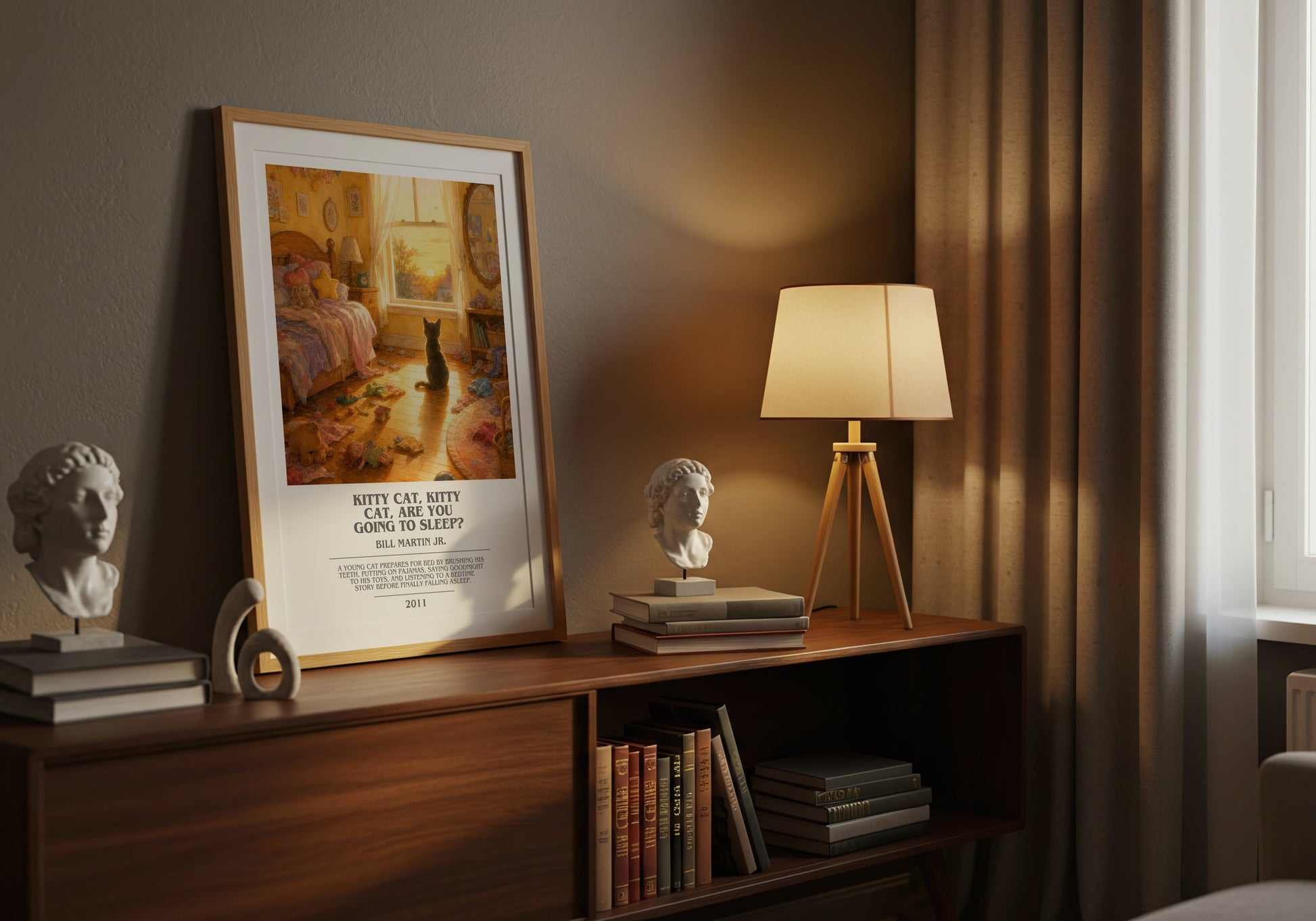 Kitty Cat, Kitty Cat, Are You Going To Sleep? bookish book poster framed on wall – childrens wall art