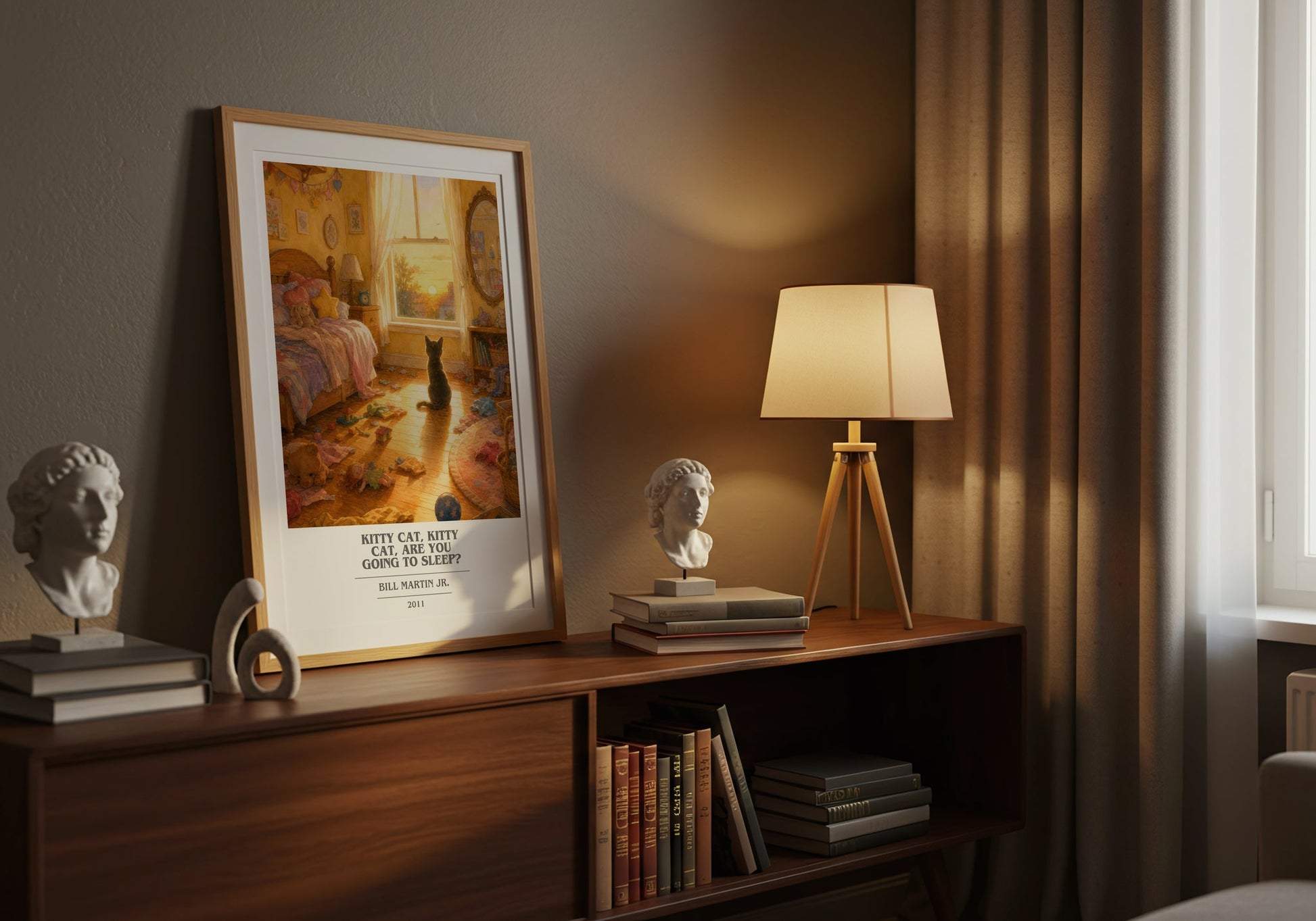 Kitty Cat, Kitty Cat, Are You Going To Sleep? book cover book poster framed on wall – childrens wall art