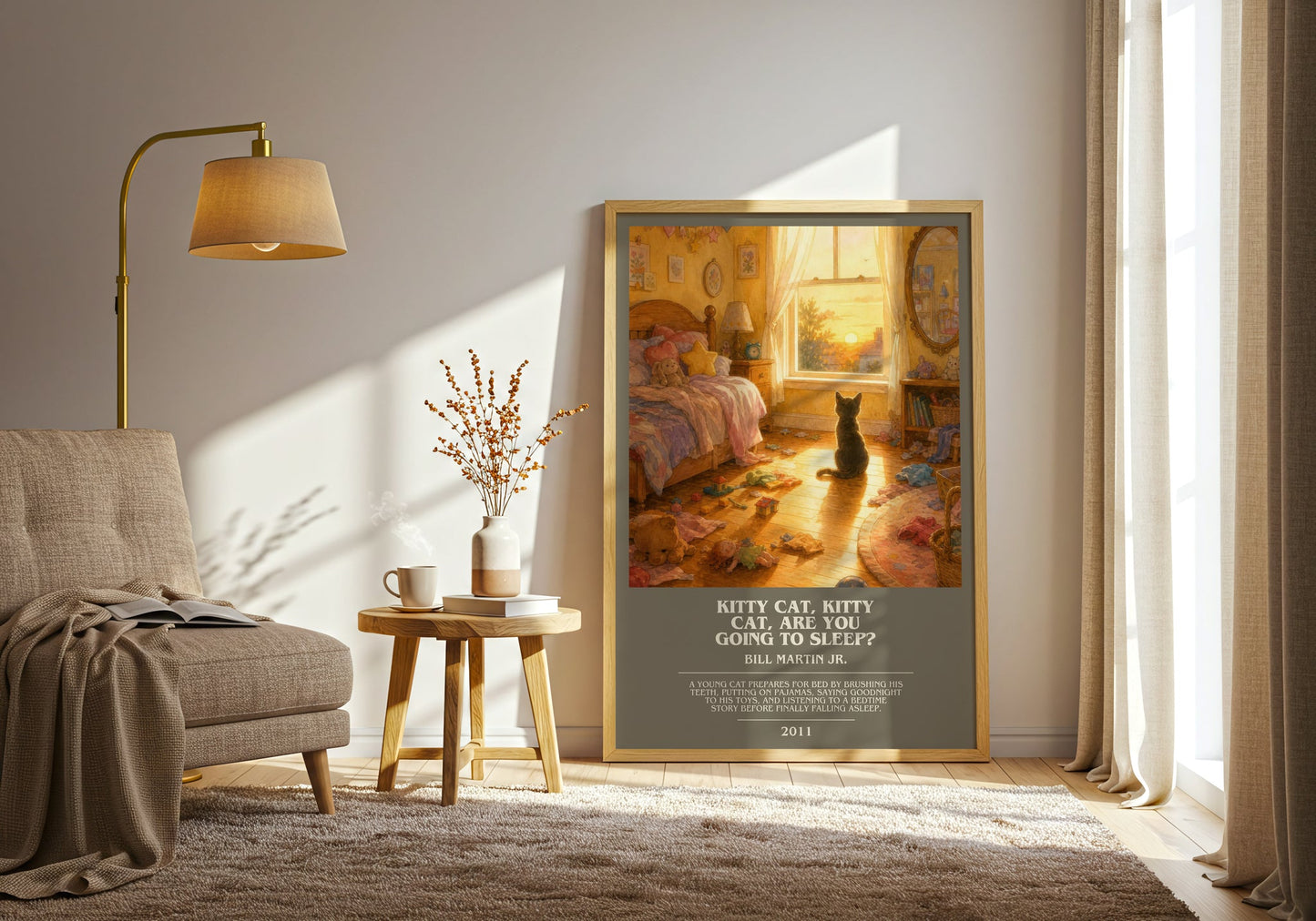 Kitty Cat, Kitty Cat, Are You Going To Sleep? bookish print on bookshelf – Bill Martin Jr. fan gift