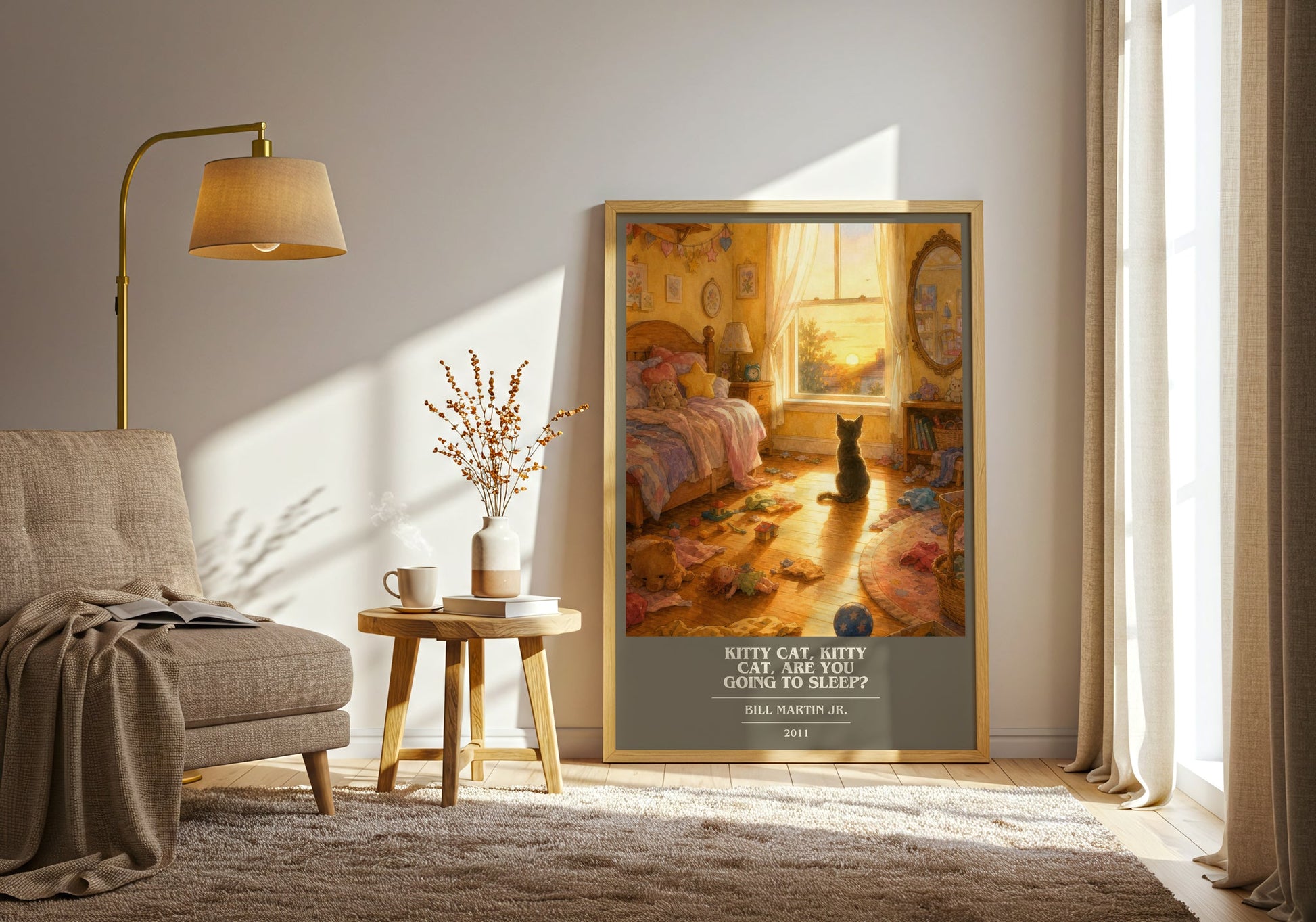 Kitty Cat, Kitty Cat, Are You Going To Sleep? book cover print on bookshelf – Bill Martin Jr. fan gift