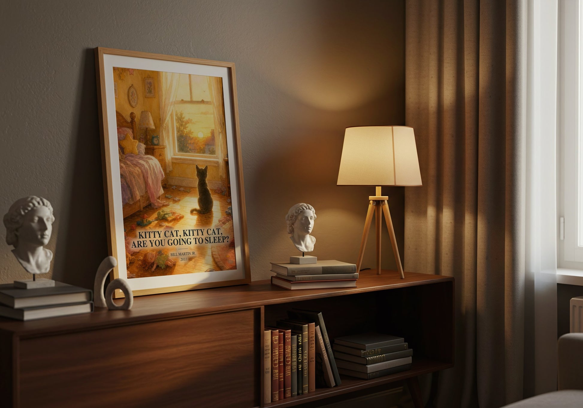 Kitty Cat, Kitty Cat, Are You Going To Sleep? watercolour print on bookshelf – Bill Martin Jr. fan gift