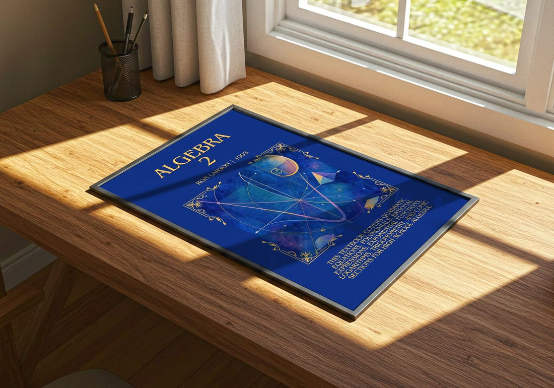 Algebra 2 Minimalist Book Poster by Ron Larson – print on a sunlit desk