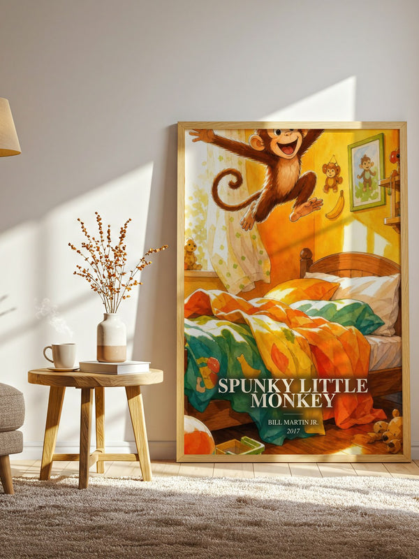 Spunky Little Monkey watercolour print in frame leaning in hallway – childrens wall art