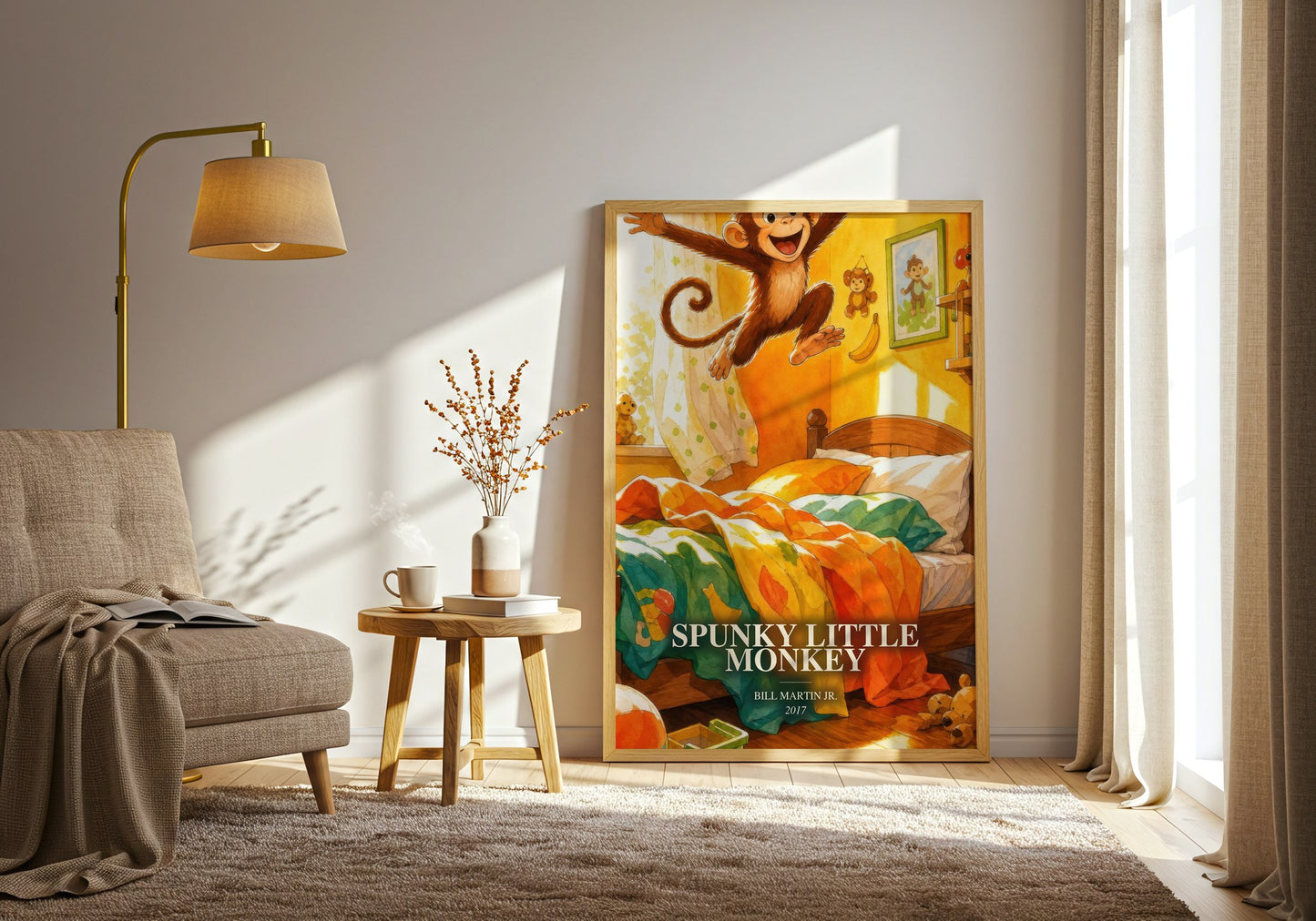 Spunky Little Monkey watercolour print in frame leaning in hallway – childrens wall art