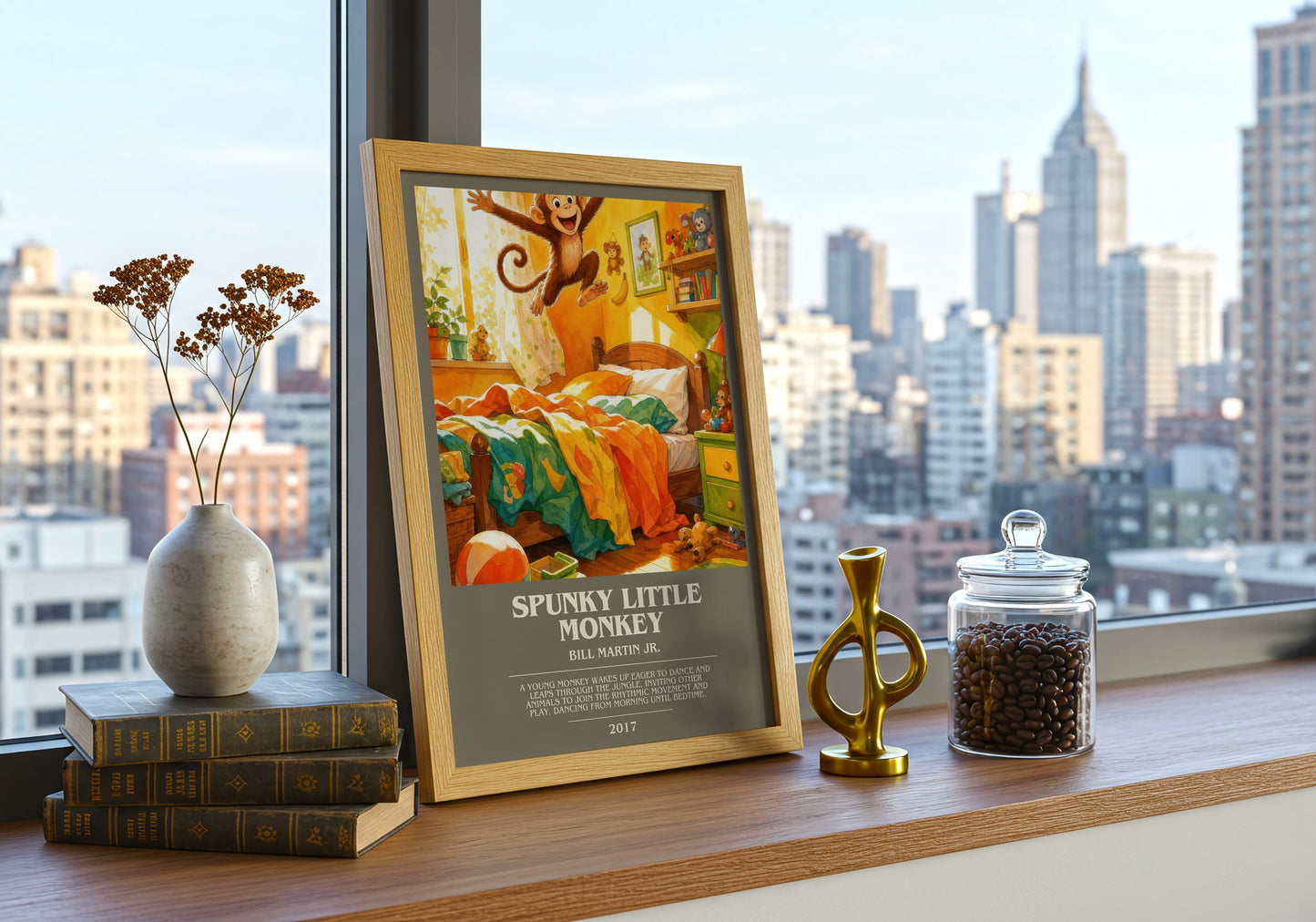 Spunky Little Monkey bookish print framed by window – literary home decor