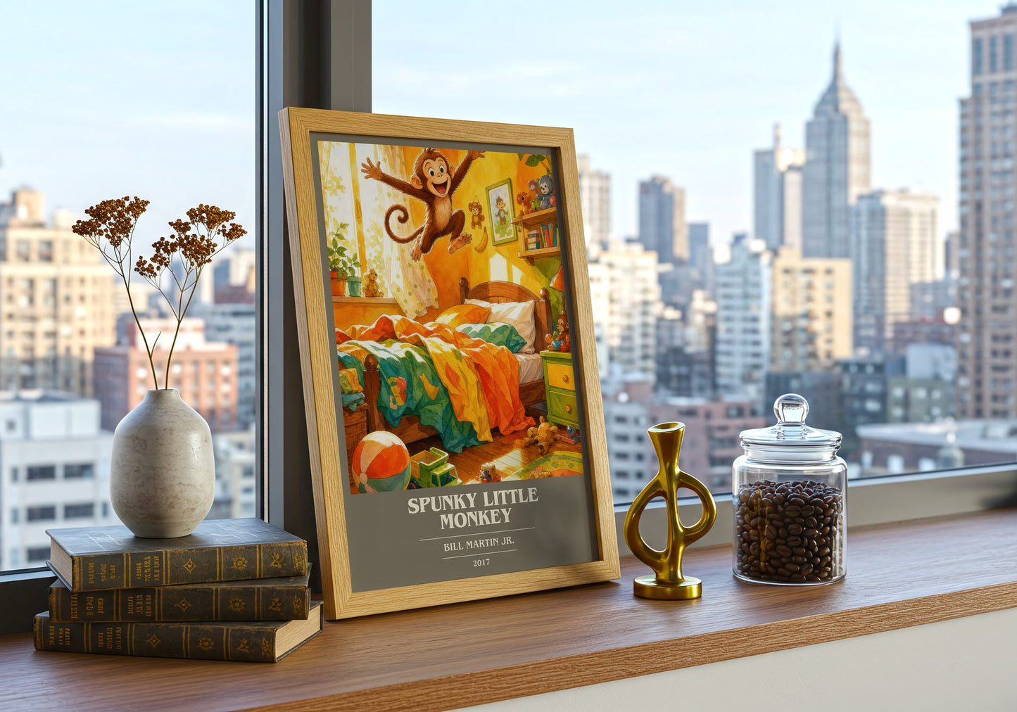 Spunky Little Monkey book cover print framed by window – literary home decor