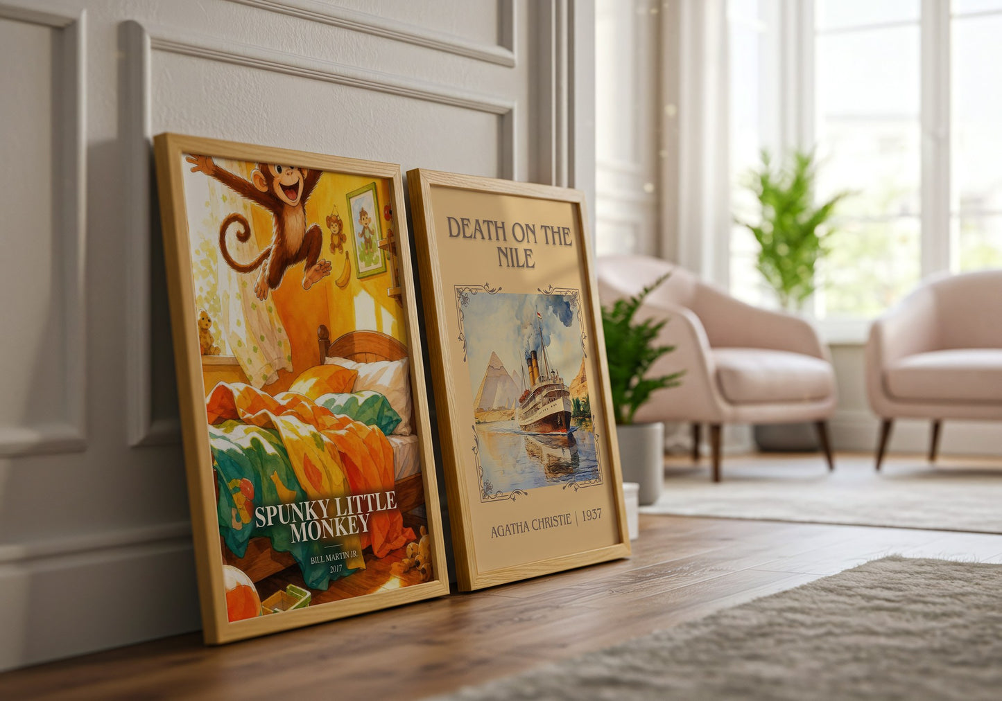 Spunky Little Monkey watercolour print framed by window – literary home decor