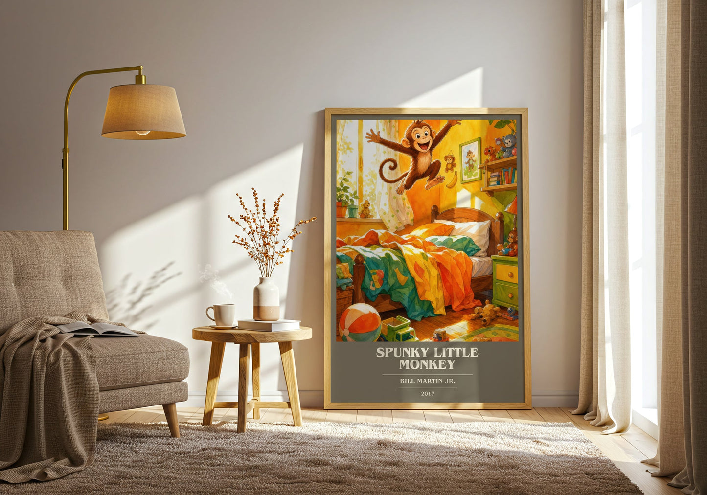 Spunky Little Monkey book cover print on bookshelf – Bill Martin Jr. fan gift