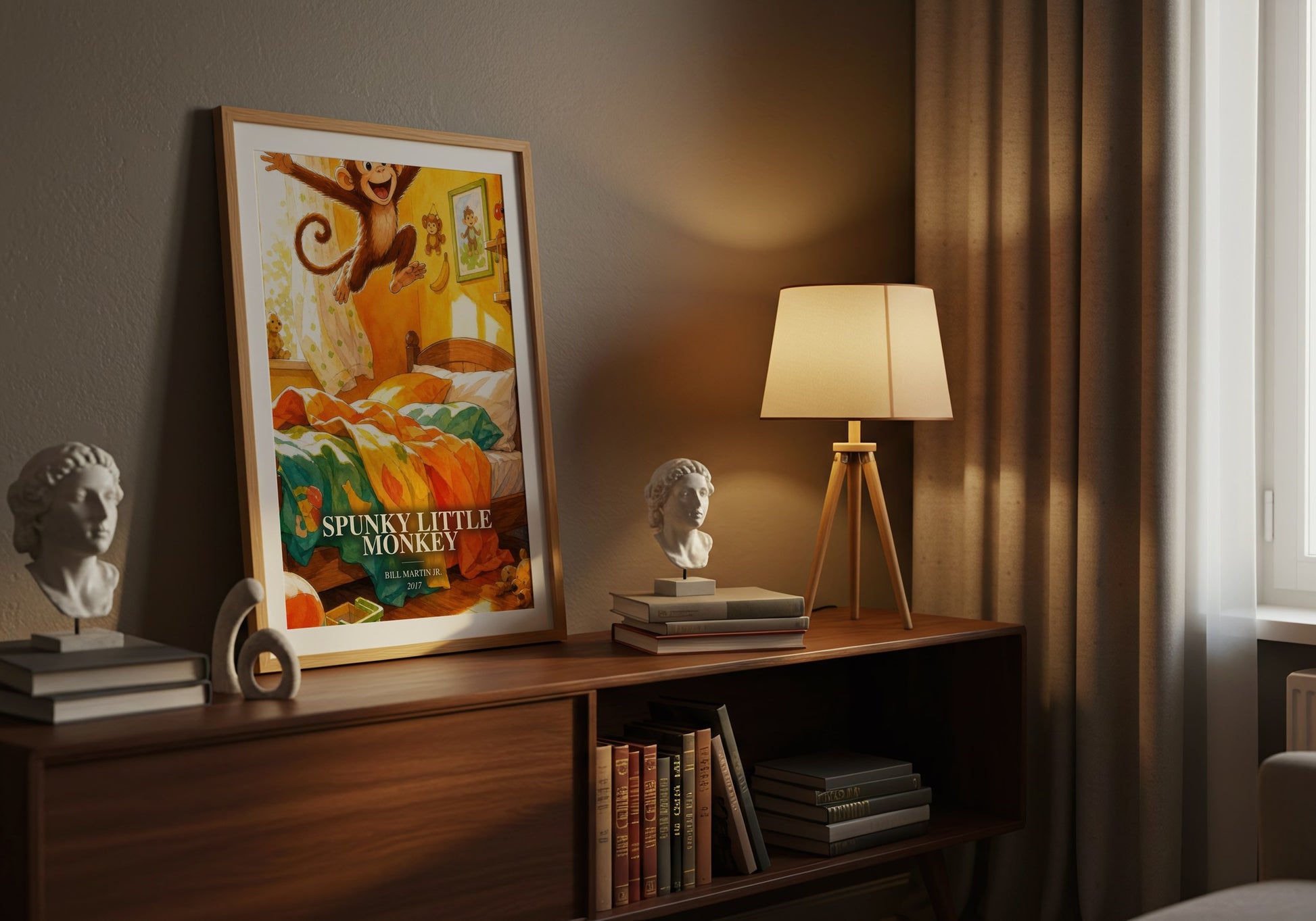 Spunky Little Monkey watercolour print on bookshelf – Bill Martin Jr. fan gift