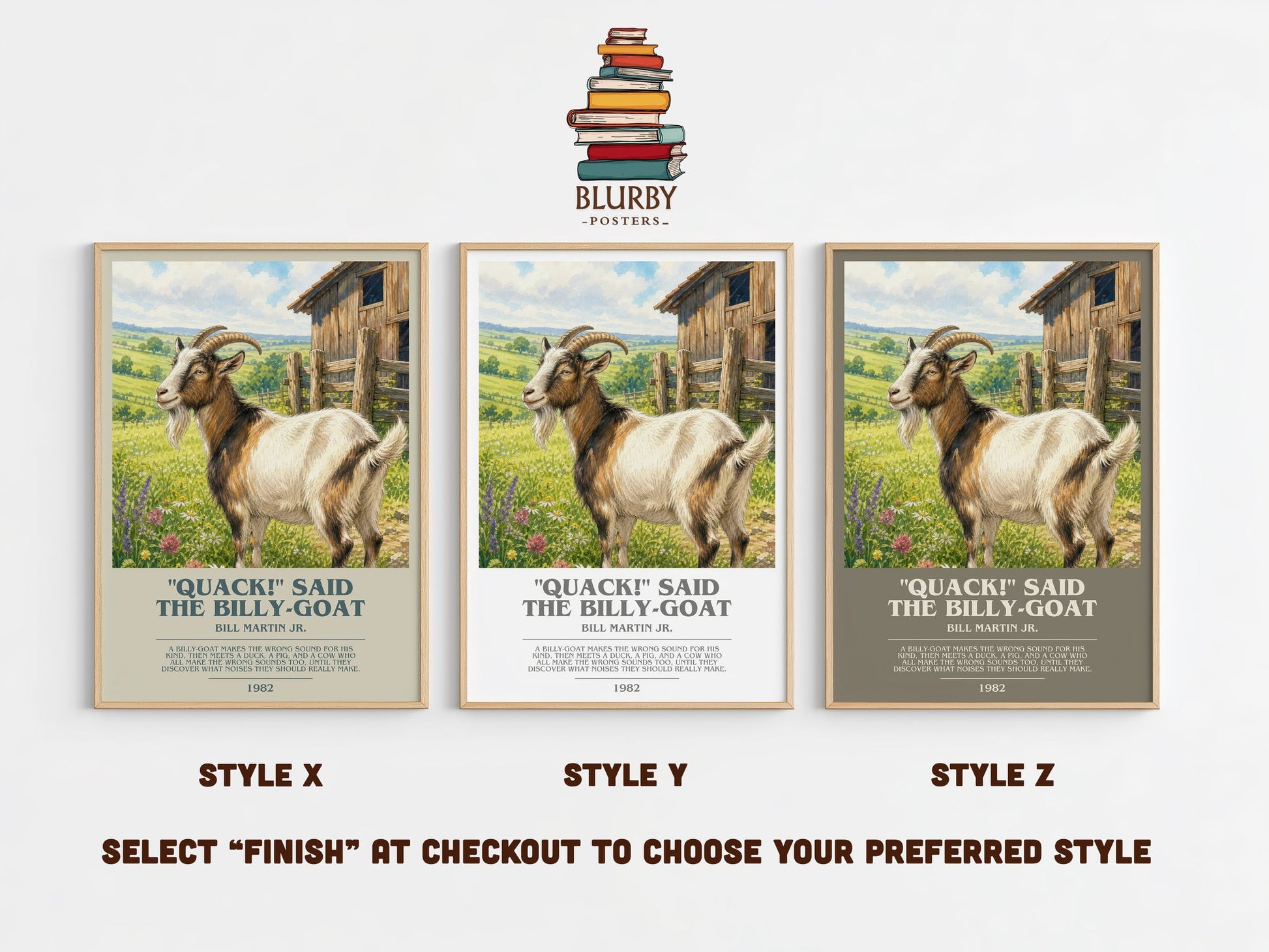 "Quack!" Said The Billy-Goat bookish print in frame leaning in hallway – childrens wall art