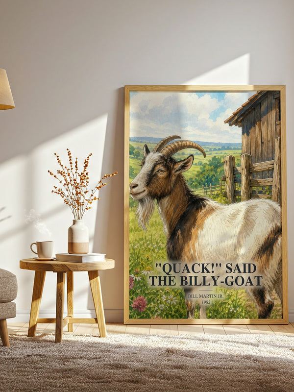 "Quack!" Said The Billy-Goat watercolour print in frame leaning in hallway – childrens wall art