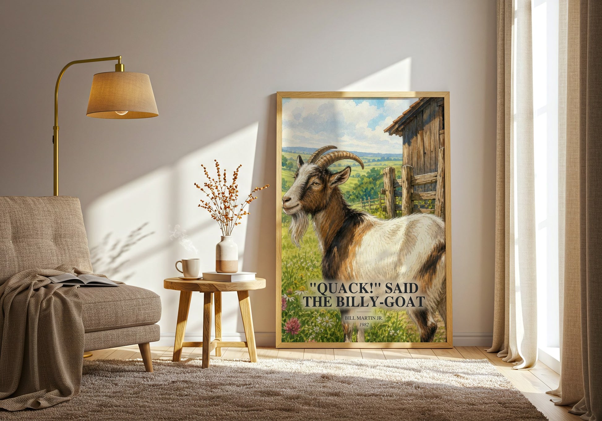 "Quack!" Said The Billy-Goat watercolour print in frame leaning in hallway – childrens wall art